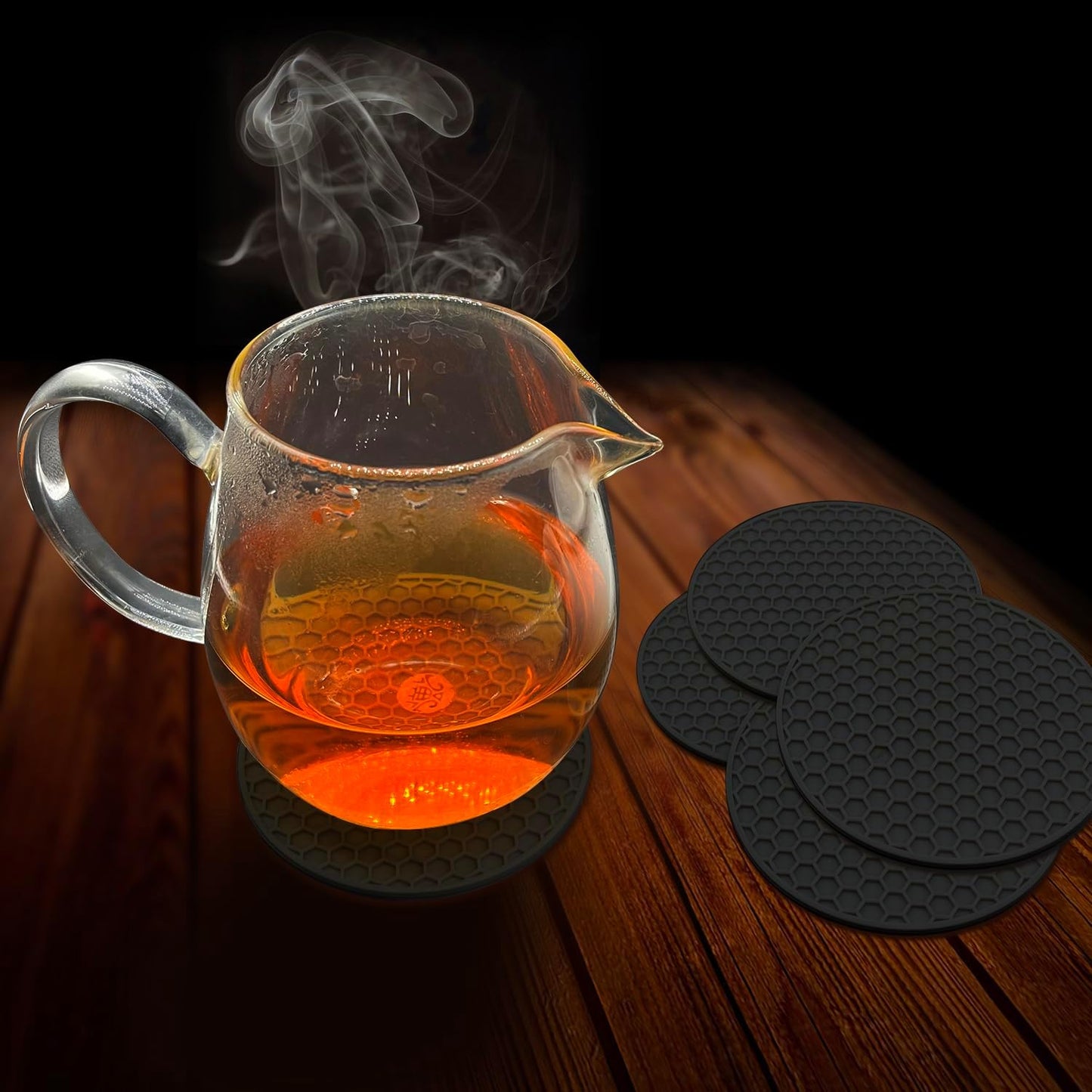 Silicone Non-Slip, Heat Resistant & Water-Trapping Trivet Mats for Water Glasses & Teacup & Coffee Cup & Dishes & Cookware, Multipurpose Kitchen Table Coaster, 5.5-Inch, 2 Pcs, Black