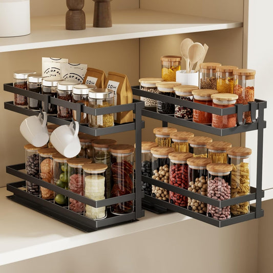 Pull Out Spice Rack Organizer for Cabinet, 2 Pack Metal Seasoning Organizer Slide Out Spice Storage Shelf No Assembly Vertical Spice Rack Pullout for Kitchen & Bahthroom No Drill(2 Tier,Black)