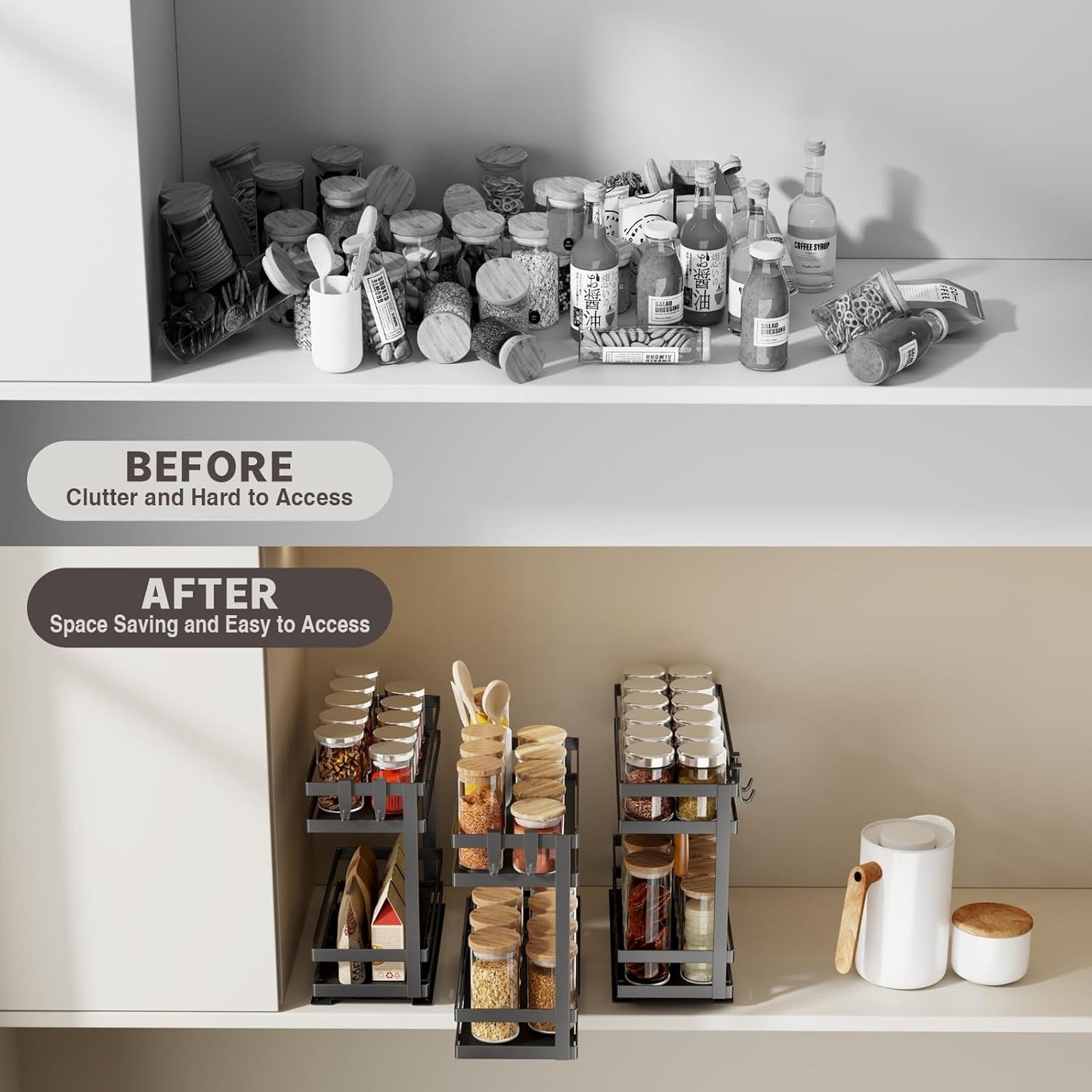 Pull Out Spice Rack Organizer for Cabinet, 2 Pack Metal Seasoning Organizer Slide Out Spice Storage Shelf No Assembly Vertical Spice Rack Pullout for Kitchen & Bahthroom No Drill(2 Tier,Black)