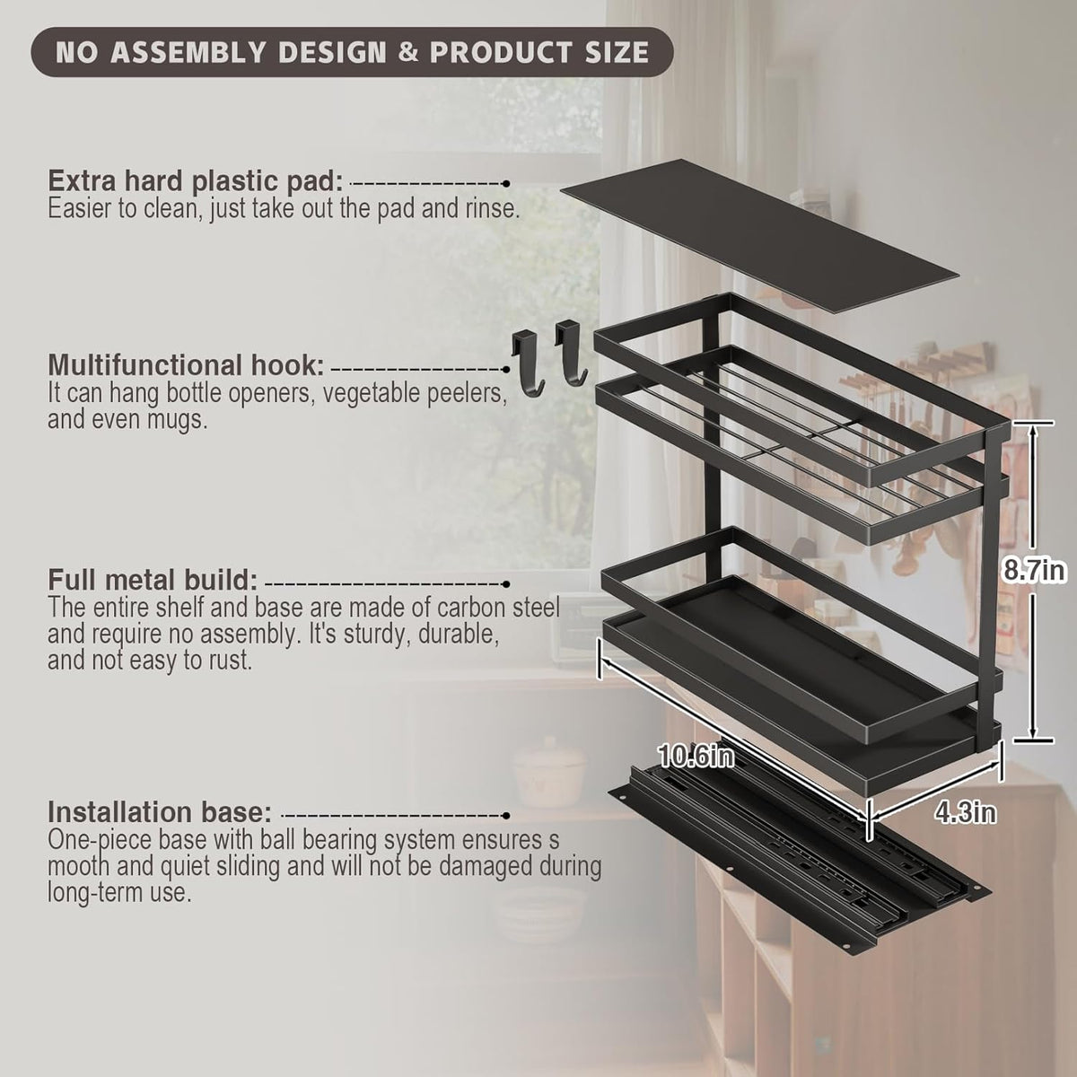 Pull Out Spice Rack Organizer for Cabinet, 2 Pack Metal Seasoning Organizer Slide Out Spice Storage Shelf No Assembly Vertical Spice Rack Pullout for Kitchen & Bahthroom No Drill(2 Tier,Black)