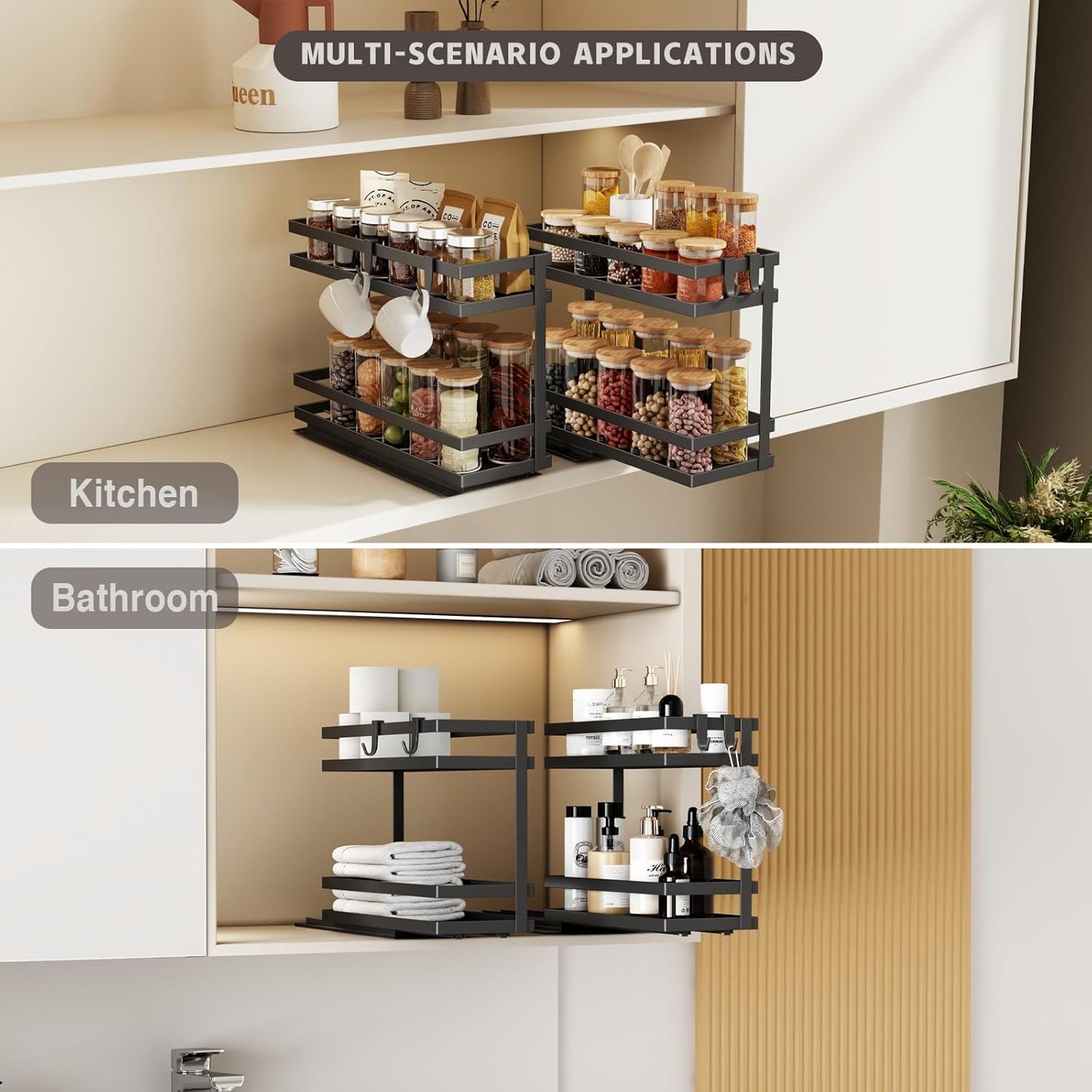 Pull Out Spice Rack Organizer for Cabinet, 2 Pack Metal Seasoning Organizer Slide Out Spice Storage Shelf No Assembly Vertical Spice Rack Pullout for Kitchen & Bahthroom No Drill(2 Tier,Black)