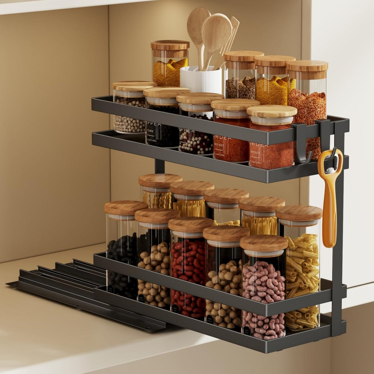 Pull Out Spice Rack Organizer for Cabinet, 2 Pack Metal Seasoning Organizer Slide Out Spice Storage Shelf No Assembly Vertical Spice Rack Pullout for Kitchen & Bahthroom No Drill(2 Tier,Black)