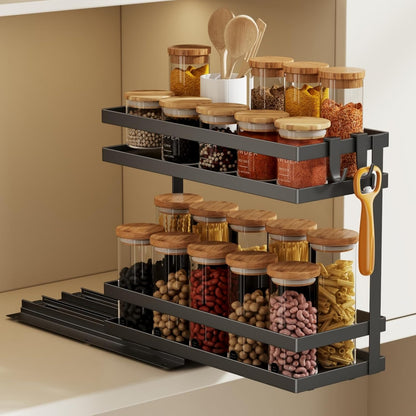 Pull Out Spice Rack Organizer for Cabinet, 2 Pack Metal Seasoning Organizer Slide Out Spice Storage Shelf No Assembly Vertical Spice Rack Pullout for Kitchen & Bahthroom No Drill(2 Tier,Black)