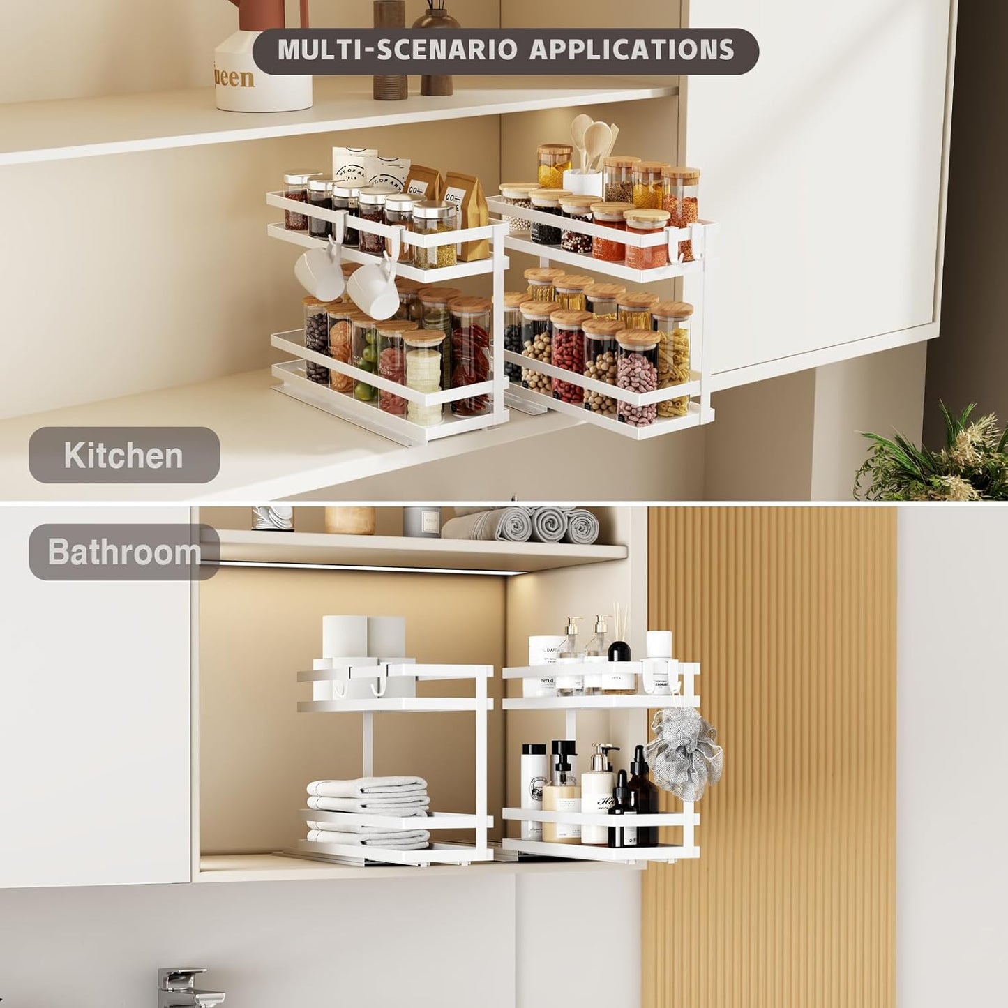 Pull Out Spice Rack Organizer for Cabinet, 2 Pack Metal Seasoning Organizer Slide Out Spice Storage Shelf No Assembly Vertical Spice Rack Pullout for Kitchen & Bahthroom No Drill(2 Tier,Black)