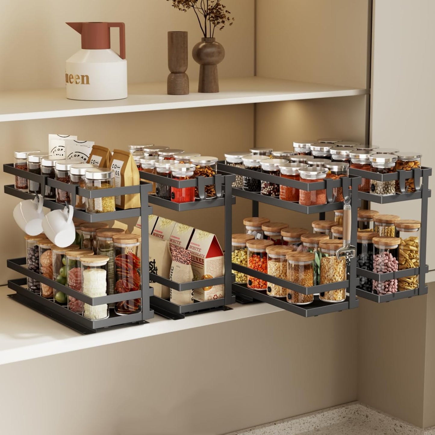 Pull Out Spice Rack Organizer for Cabinet, 2 Pack Metal Seasoning Organizer Slide Out Spice Storage Shelf No Assembly Vertical Spice Rack Pullout for Kitchen & Bahthroom No Drill(2 Tier,Black)