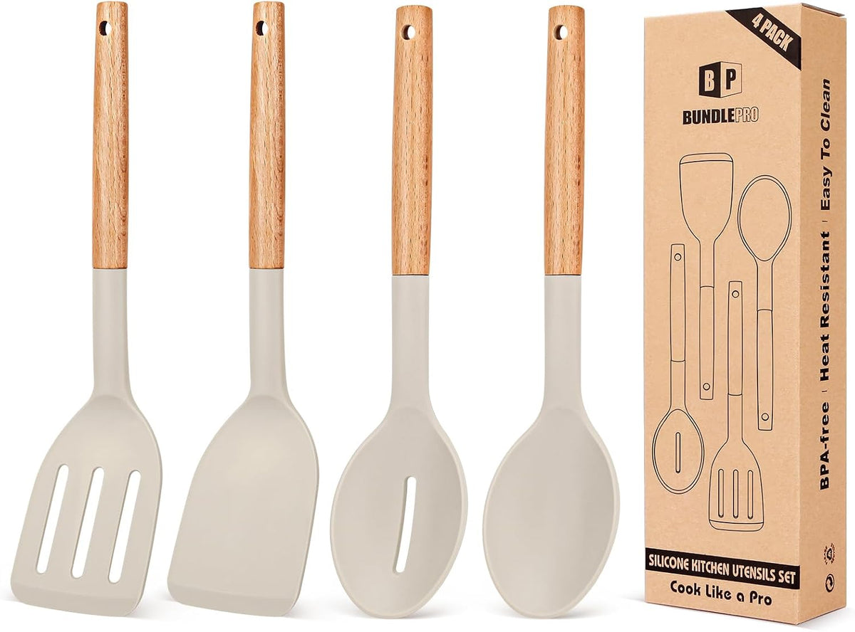 Silicone Cooking Utensils Set, 4 Pcs Spatula and Spoon Set, Khaki