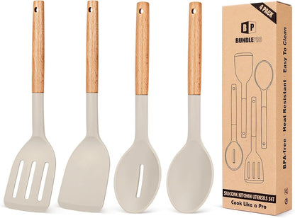 Silicone Cooking Utensils Set, 4 Pcs Spatula and Spoon Set, Khaki