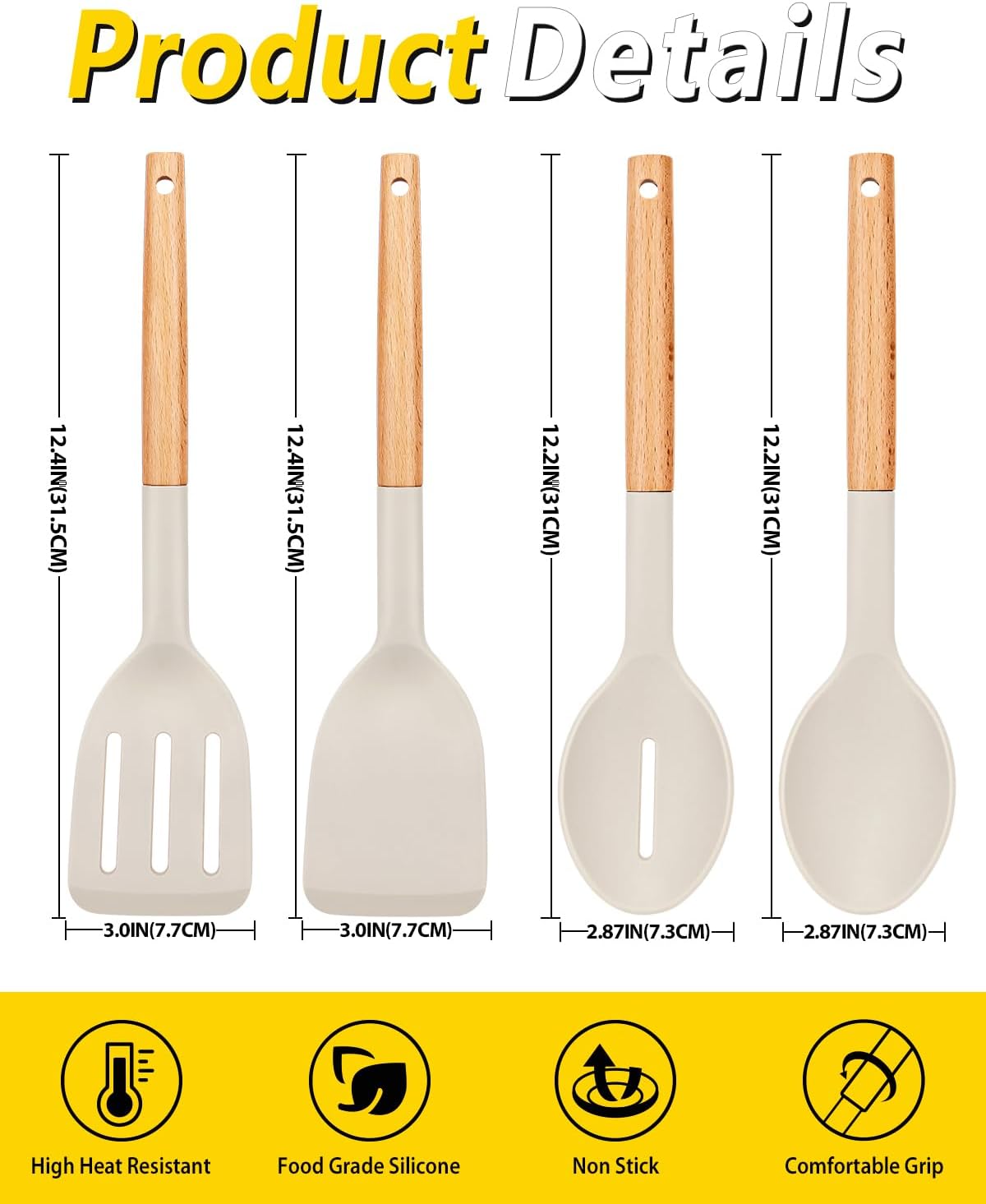 Silicone Cooking Utensils Set, 4 Pcs Spatula and Spoon Set, Khaki