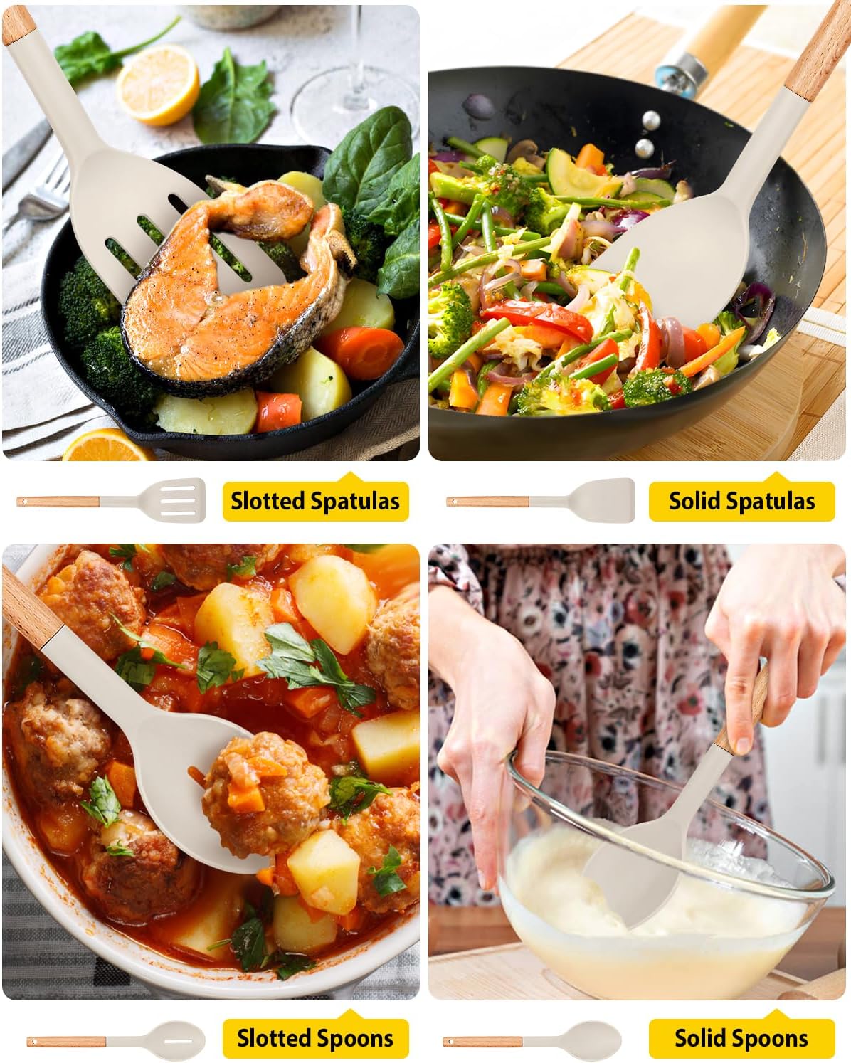 Silicone Cooking Utensils Set, 4 Pcs Spatula and Spoon Set, Khaki