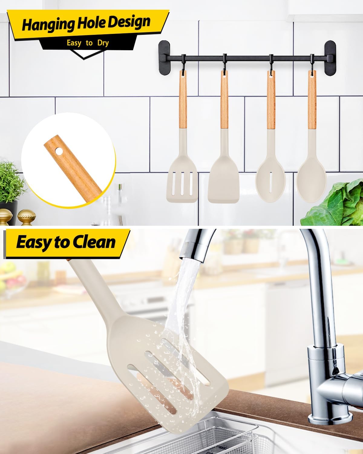 Silicone Cooking Utensils Set, 4 Pcs Spatula and Spoon Set, Khaki