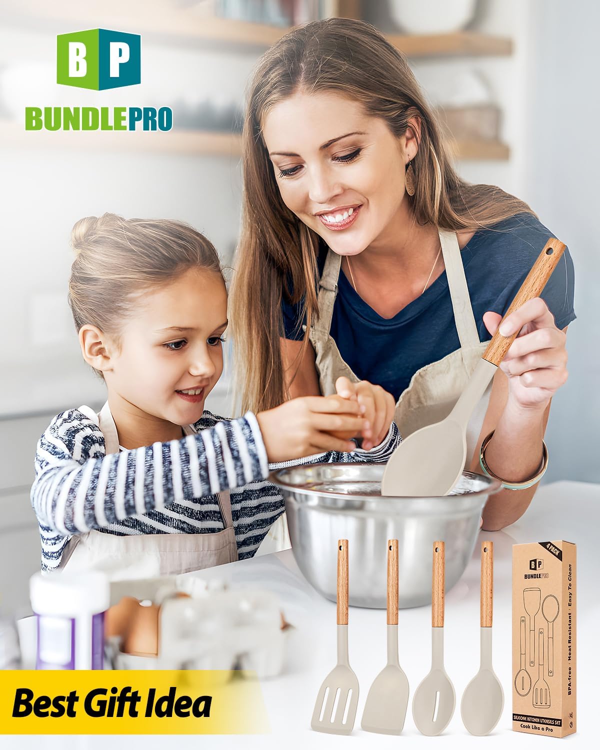 Silicone Cooking Utensils Set, 4 Pcs Spatula and Spoon Set, Khaki