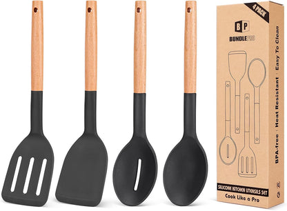 Silicone Cooking Utensils Set, 4 Pcs Spatula and Spoon Set, Khaki