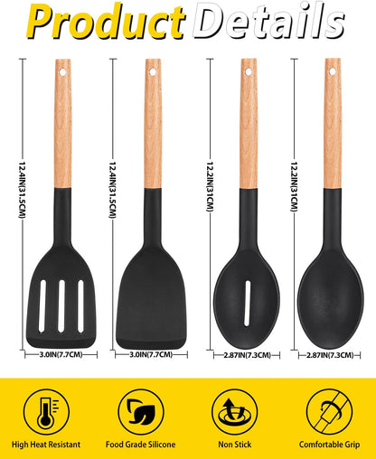 Silicone Cooking Utensils Set, 4 Pcs Spatula and Spoon Set, Khaki