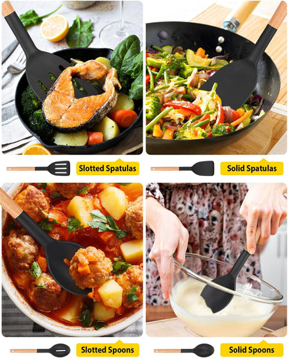 Silicone Cooking Utensils Set, 4 Pcs Spatula and Spoon Set, Khaki