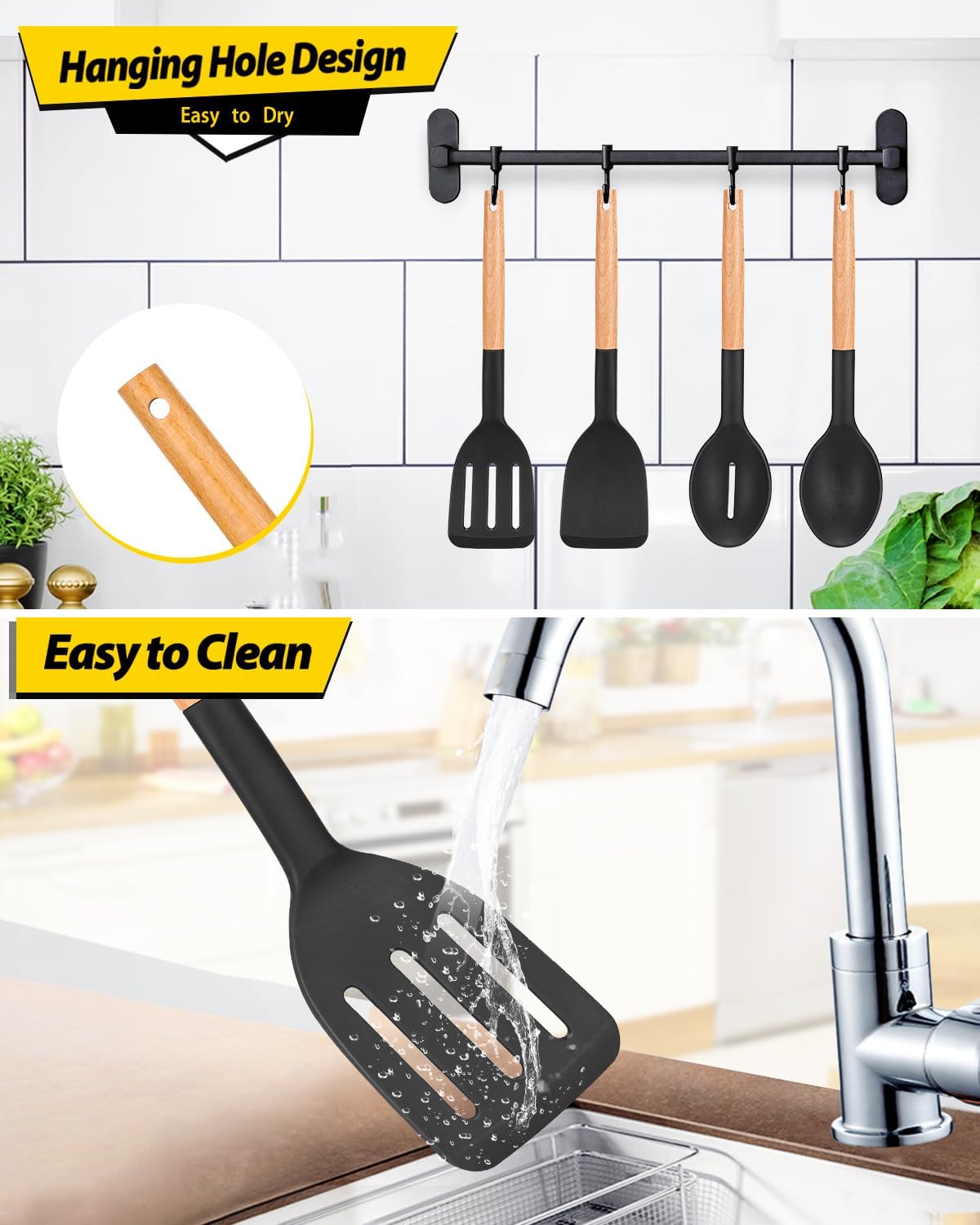 Silicone Cooking Utensils Set, 4 Pcs Spatula and Spoon Set, Khaki