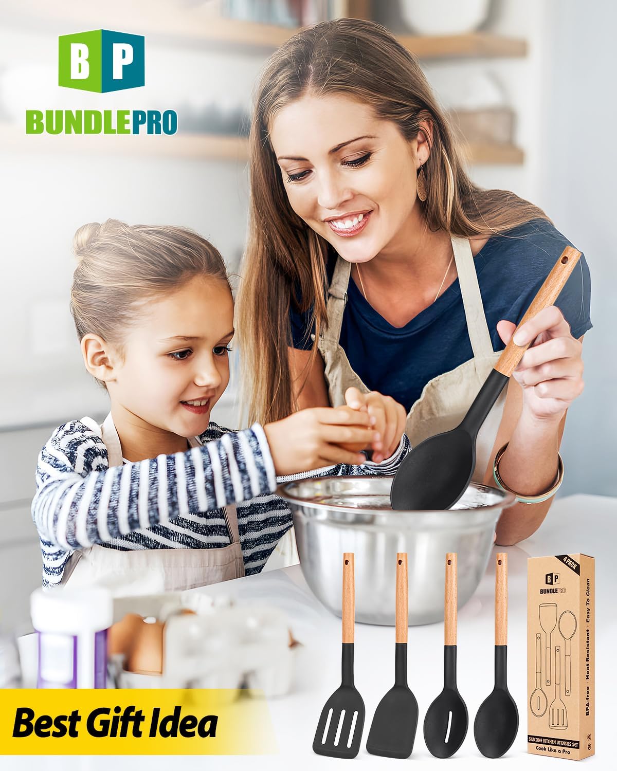 Silicone Cooking Utensils Set, 4 Pcs Spatula and Spoon Set, Khaki