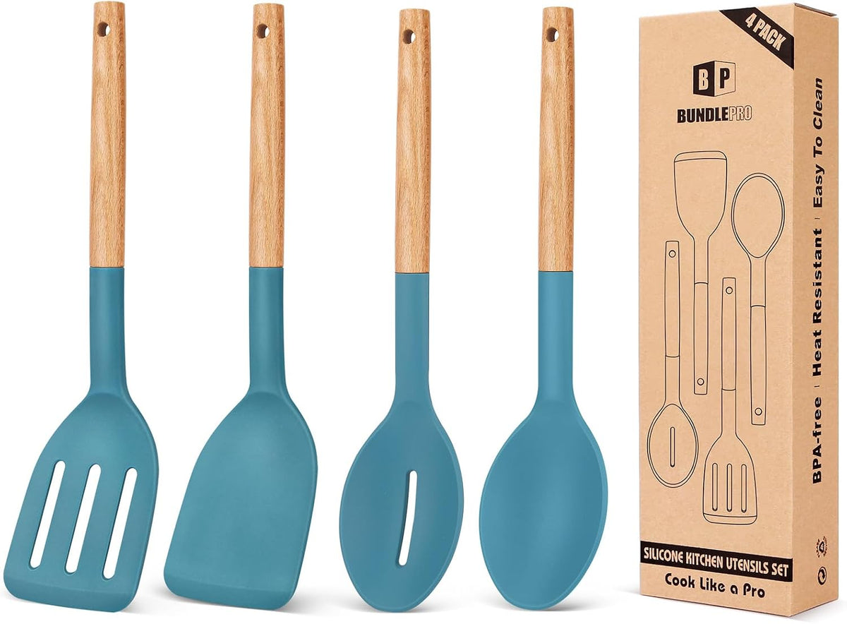 Silicone Cooking Utensils Set, 4 Pcs Spatula and Spoon Set, Khaki