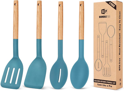 Silicone Cooking Utensils Set, 4 Pcs Spatula and Spoon Set, Khaki