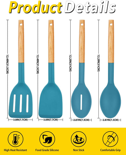 Silicone Cooking Utensils Set, 4 Pcs Spatula and Spoon Set, Khaki