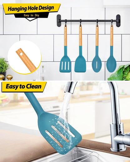 Silicone Cooking Utensils Set, 4 Pcs Spatula and Spoon Set, Khaki