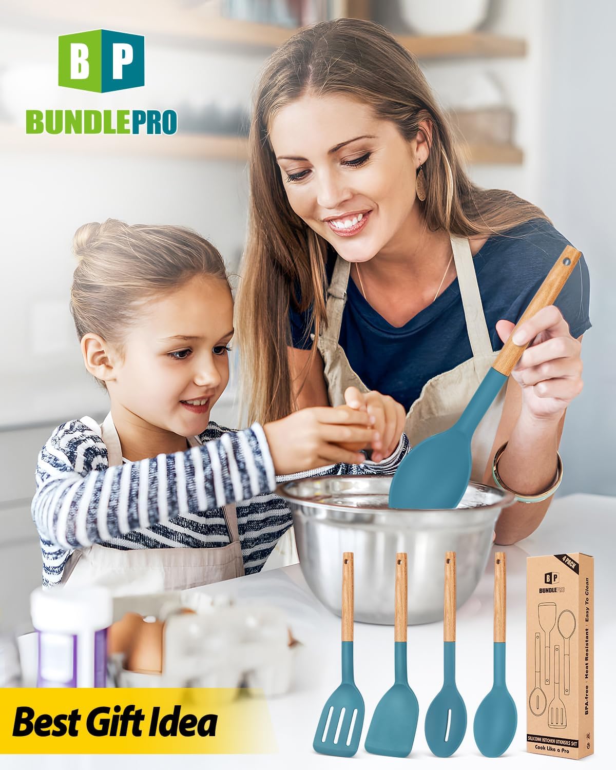 Silicone Cooking Utensils Set, 4 Pcs Spatula and Spoon Set, Khaki