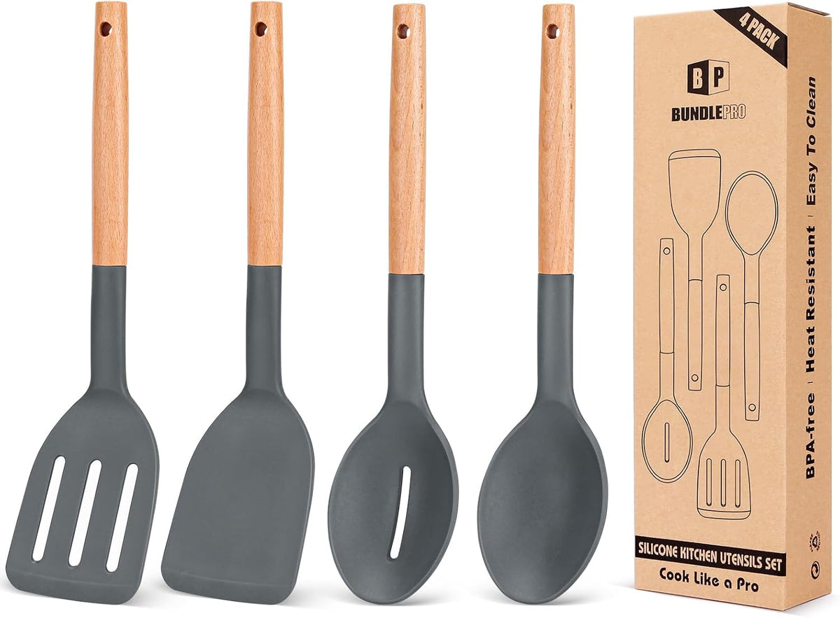 Silicone Cooking Utensils Set, 4 Pcs Spatula and Spoon Set, Khaki