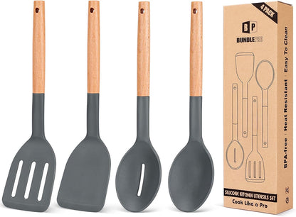 Silicone Cooking Utensils Set, 4 Pcs Spatula and Spoon Set, Khaki
