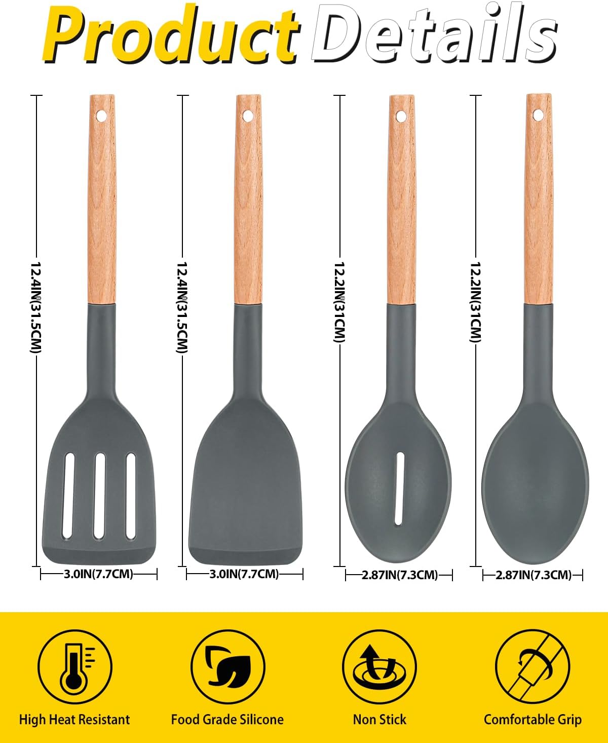 Silicone Cooking Utensils Set, 4 Pcs Spatula and Spoon Set, Khaki