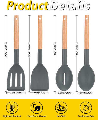 Silicone Cooking Utensils Set, 4 Pcs Spatula and Spoon Set, Khaki