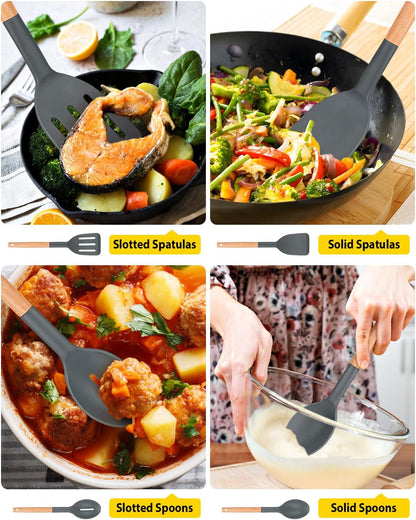 Silicone Cooking Utensils Set, 4 Pcs Spatula and Spoon Set, Khaki