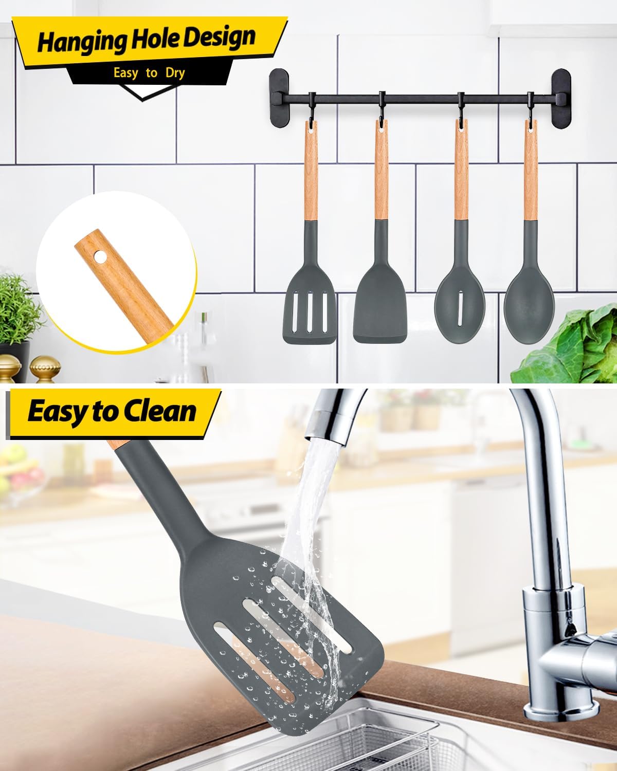 Silicone Cooking Utensils Set, 4 Pcs Spatula and Spoon Set, Khaki