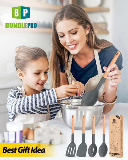 Silicone Cooking Utensils Set, 4 Pcs Spatula and Spoon Set, Khaki