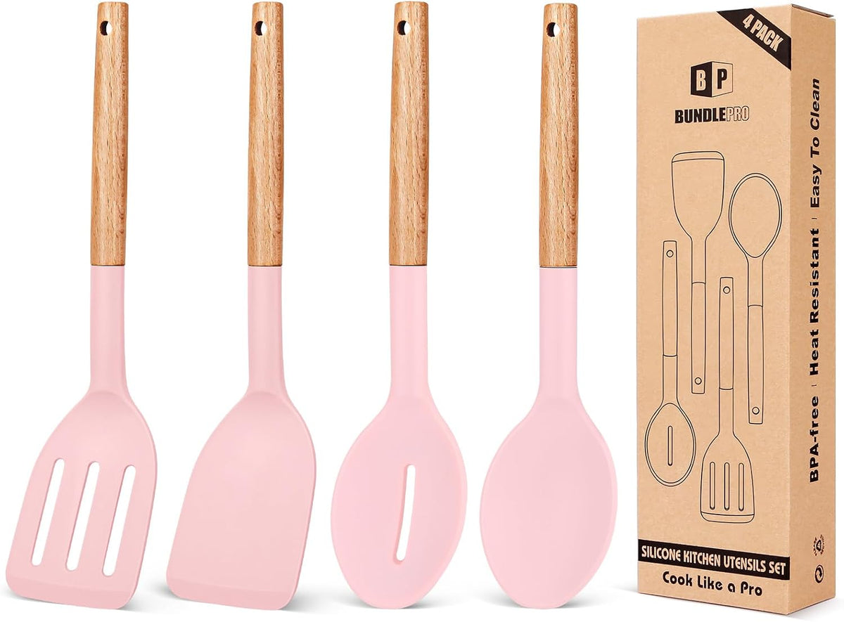 Silicone Cooking Utensils Set, 4 Pcs Spatula and Spoon Set, Khaki