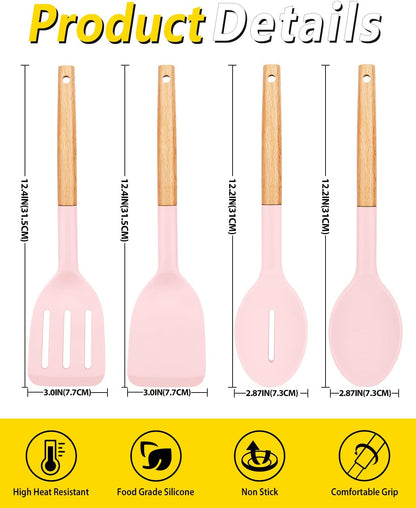 Silicone Cooking Utensils Set, 4 Pcs Spatula and Spoon Set, Khaki