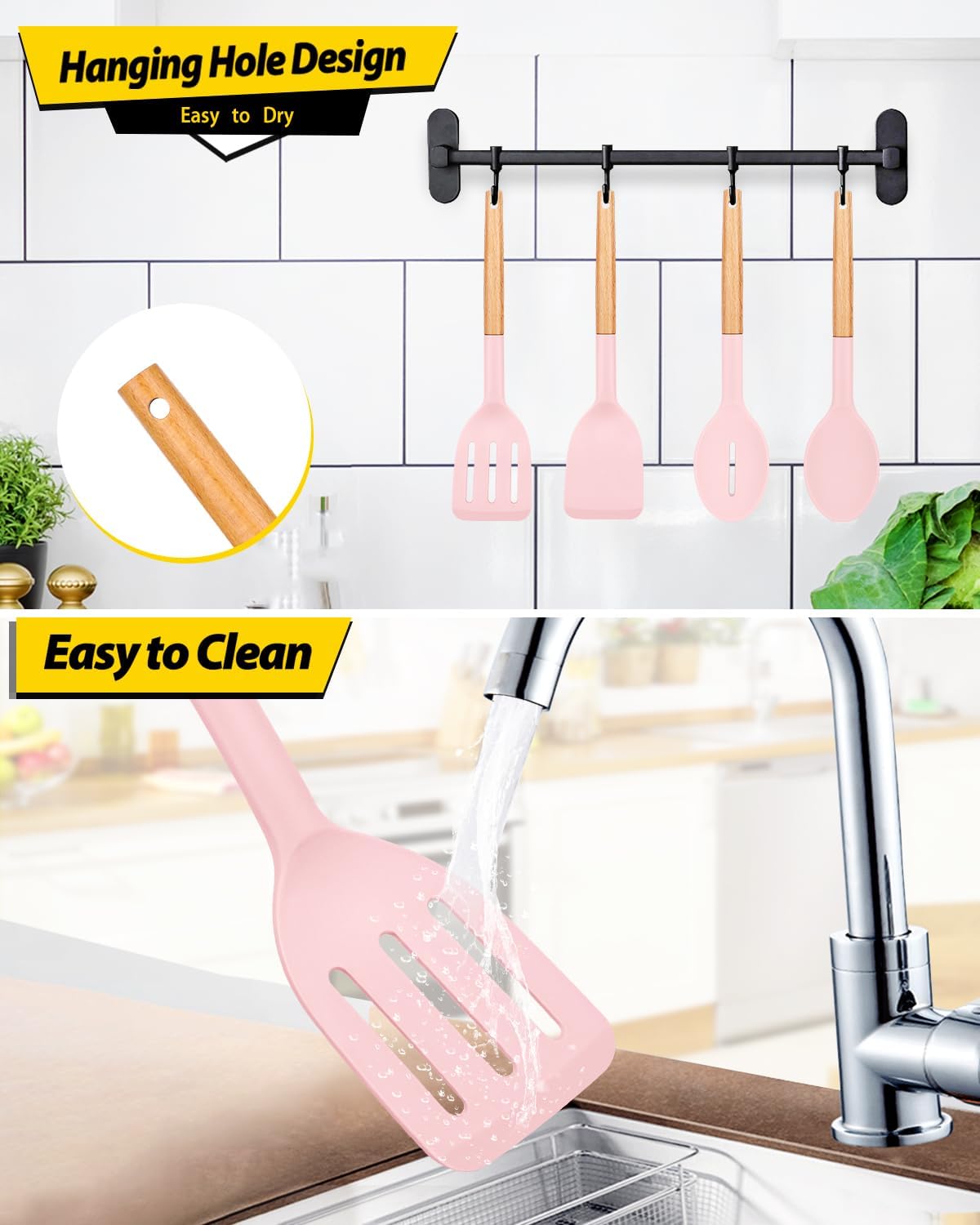 Silicone Cooking Utensils Set, 4 Pcs Spatula and Spoon Set, Khaki