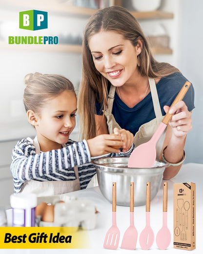 Silicone Cooking Utensils Set, 4 Pcs Spatula and Spoon Set, Khaki