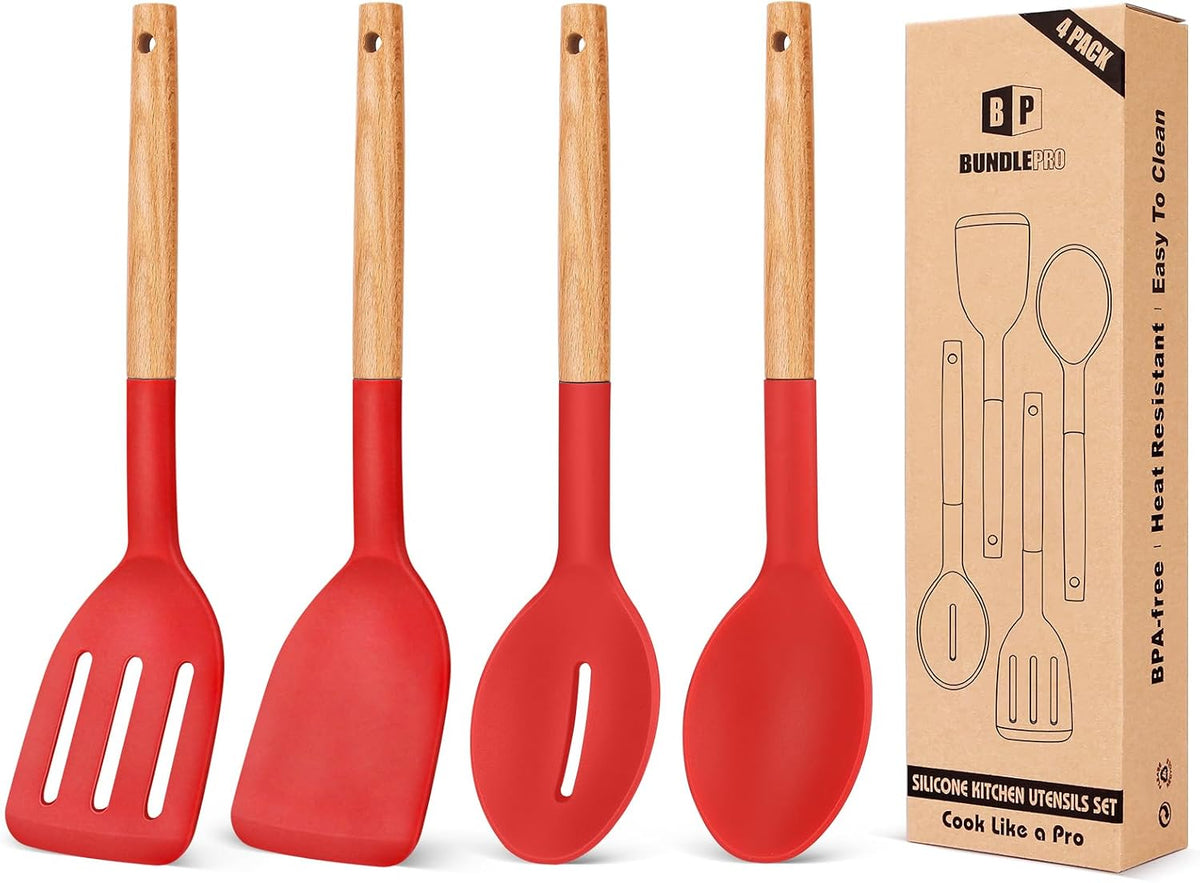 Silicone Cooking Utensils Set, 4 Pcs Spatula and Spoon Set, Khaki