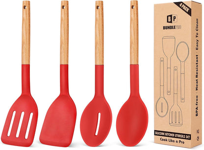 Silicone Cooking Utensils Set, 4 Pcs Spatula and Spoon Set, Khaki