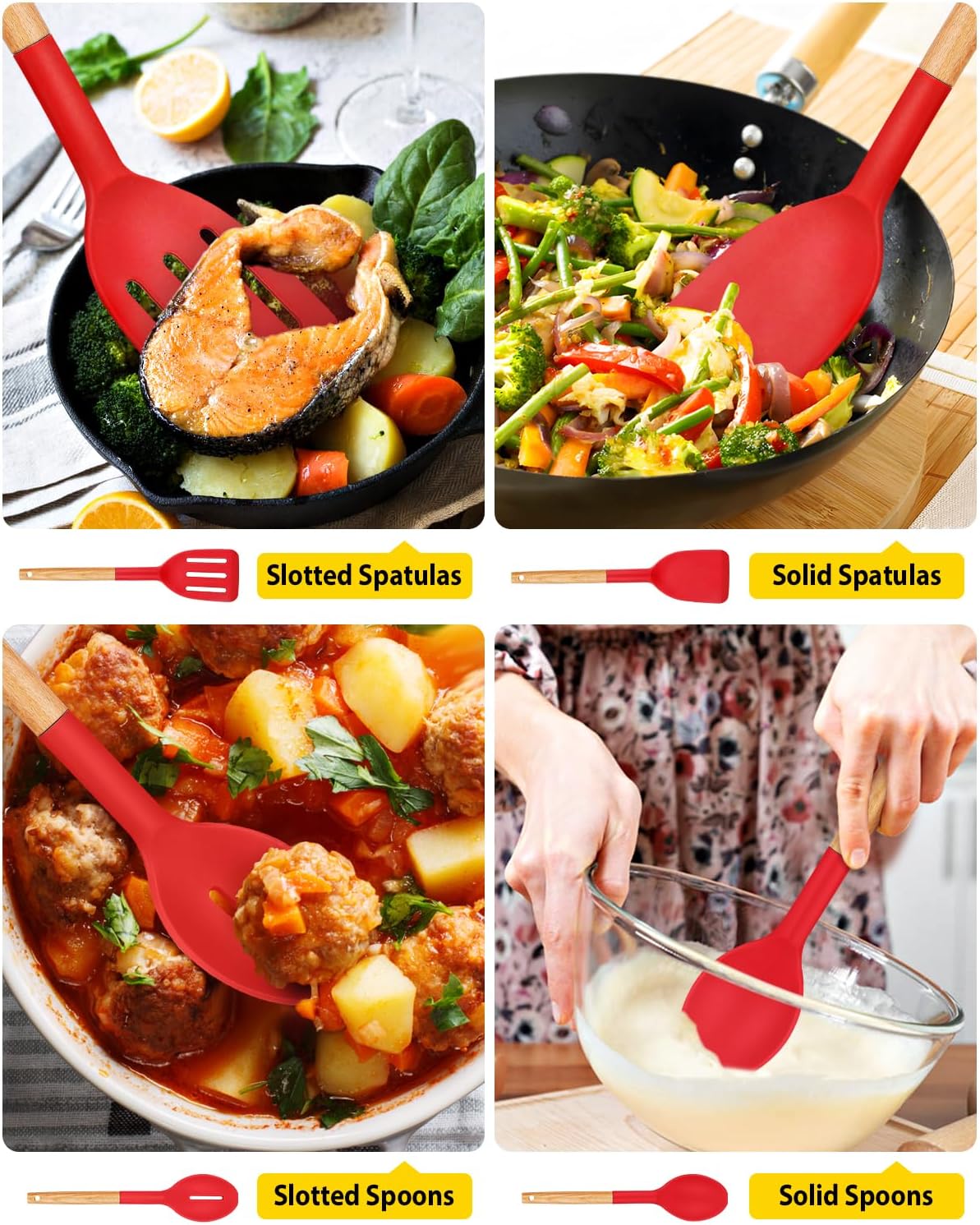 Silicone Cooking Utensils Set, 4 Pcs Spatula and Spoon Set, Khaki