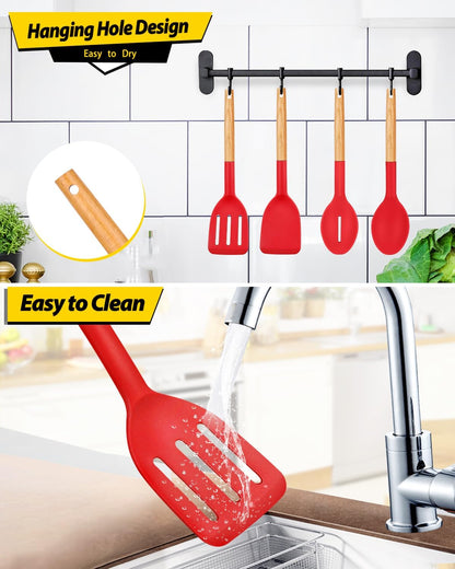 Silicone Cooking Utensils Set, 4 Pcs Spatula and Spoon Set, Khaki