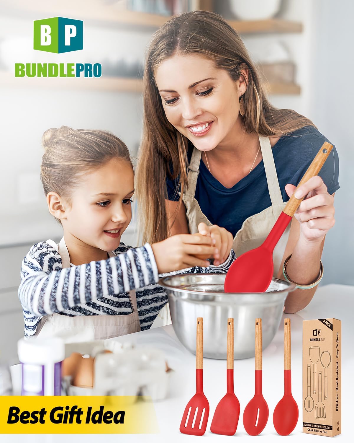 Silicone Cooking Utensils Set, 4 Pcs Spatula and Spoon Set, Khaki