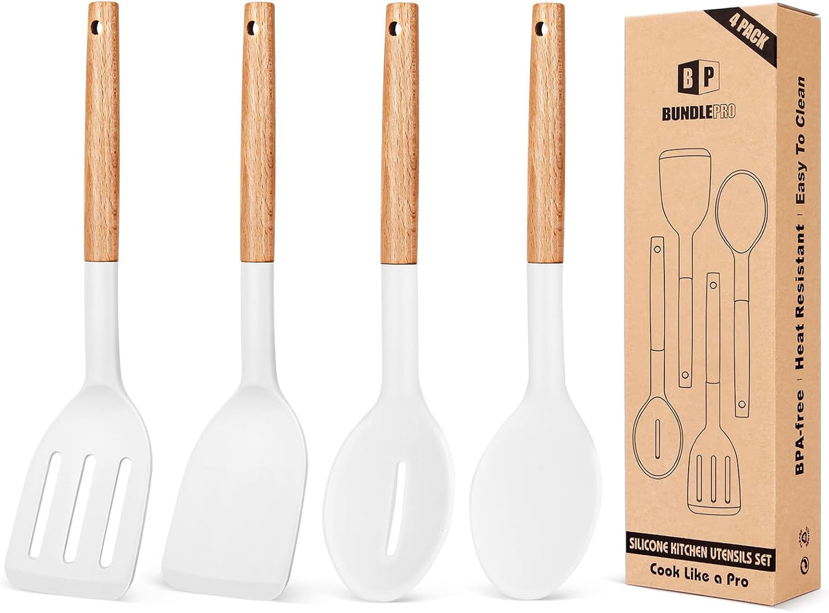 Silicone Cooking Utensils Set, 4 Pcs Spatula and Spoon Set, Khaki