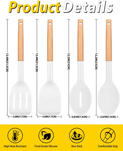 Silicone Cooking Utensils Set, 4 Pcs Spatula and Spoon Set, Khaki