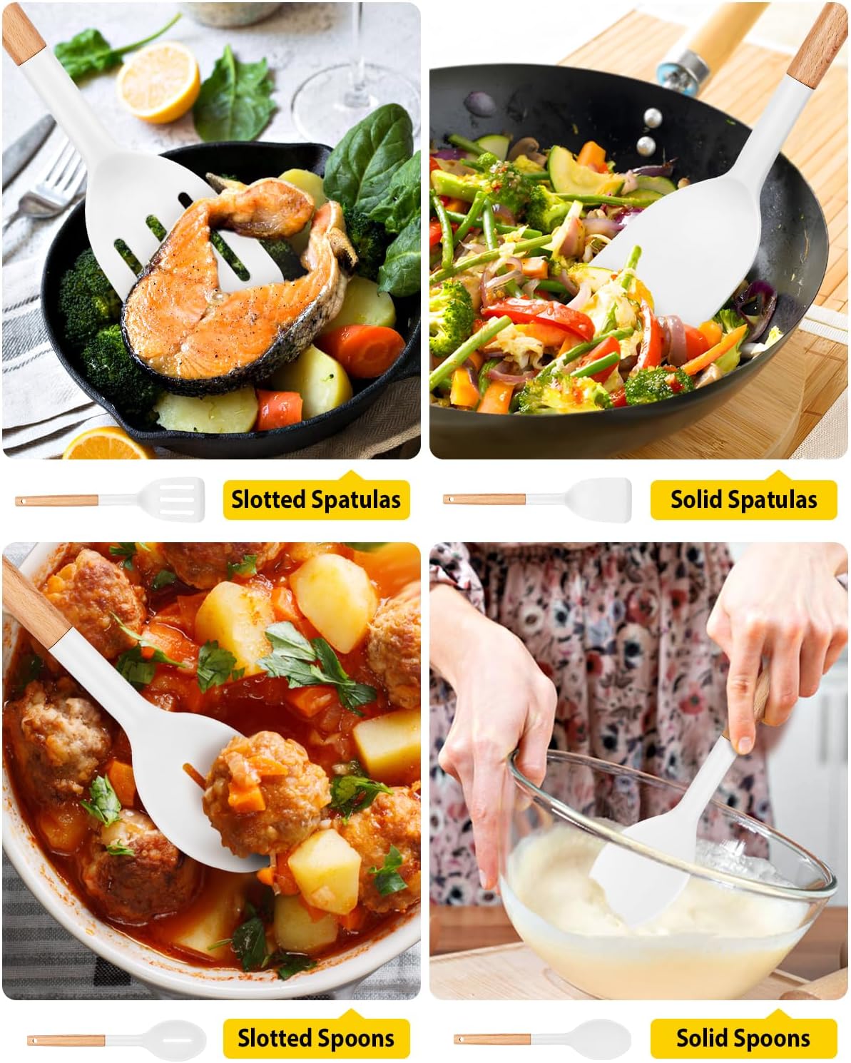 Silicone Cooking Utensils Set, 4 Pcs Spatula and Spoon Set, Khaki