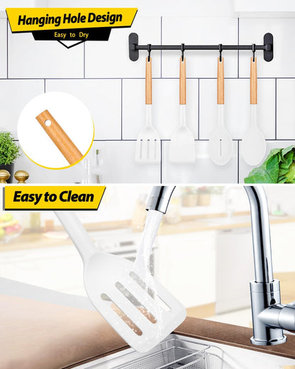 Silicone Cooking Utensils Set, 4 Pcs Spatula and Spoon Set, Khaki