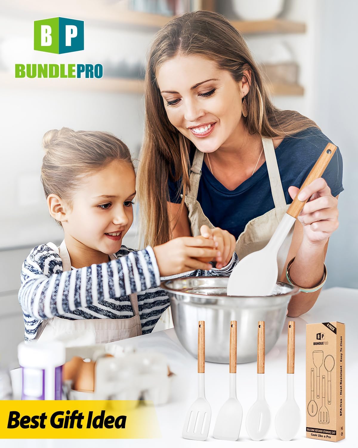 Silicone Cooking Utensils Set, 4 Pcs Spatula and Spoon Set, Khaki
