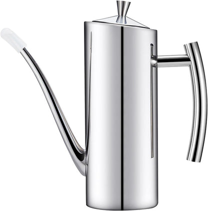 SUS304 24oz/700mL Stainless Steel Olive Oil Dispenser, Silver | Leakproof Oil Bottle, One-Piece Body, w/Long Spout Vertical Handle Kitchen Cruet for Precision Pouring