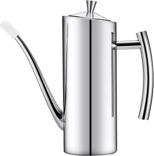 SUS304 24oz/700mL Stainless Steel Olive Oil Dispenser, Silver | Leakproof Oil Bottle, One-Piece Body, w/Long Spout Vertical Handle Kitchen Cruet for Precision Pouring