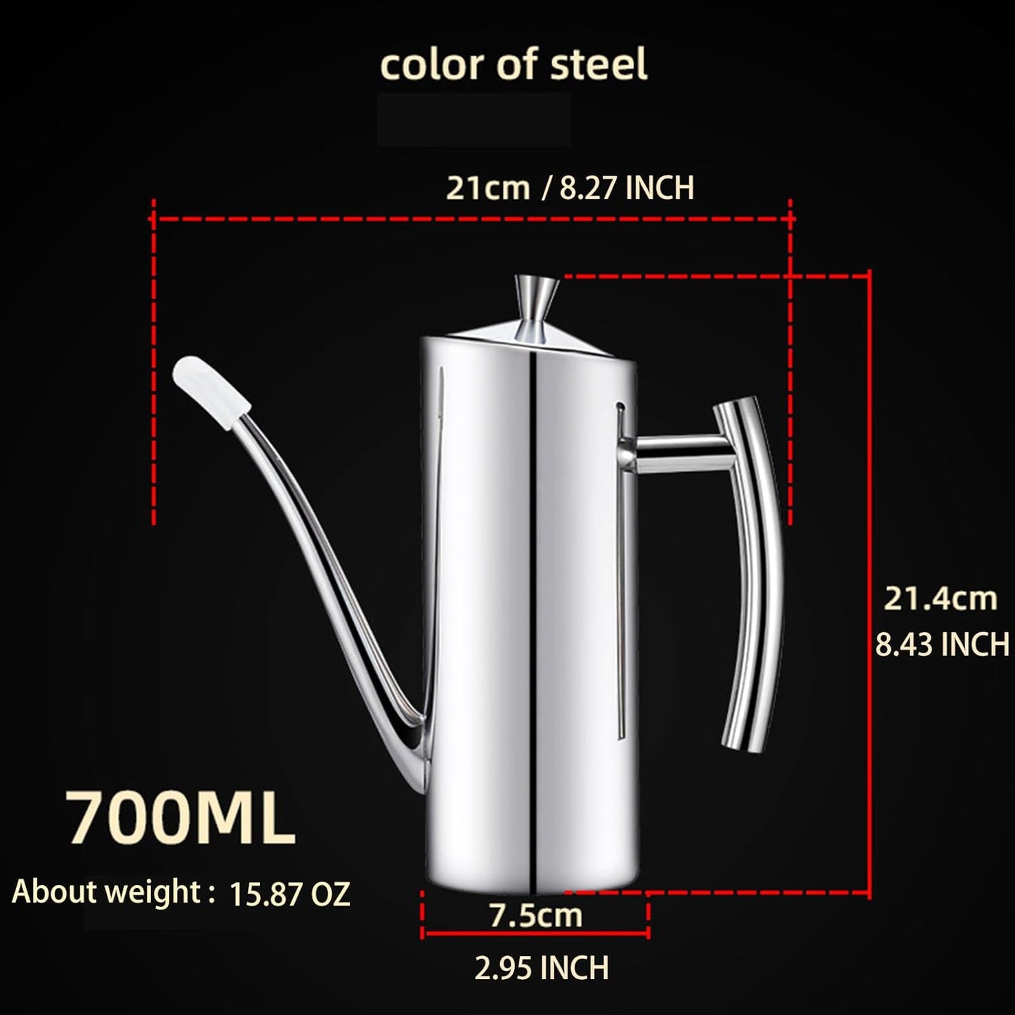 SUS304 24oz/700mL Stainless Steel Olive Oil Dispenser, Silver | Leakproof Oil Bottle, One-Piece Body, w/Long Spout Vertical Handle Kitchen Cruet for Precision Pouring