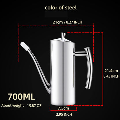 SUS304 24oz/700mL Stainless Steel Olive Oil Dispenser, Silver | Leakproof Oil Bottle, One-Piece Body, w/Long Spout Vertical Handle Kitchen Cruet for Precision Pouring